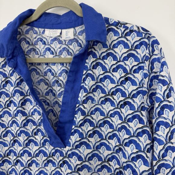 Sigrid Olsen Linen Tunic Size Large Blue Pattern V Neck 3/4 Sleeve Pullover - Picture 4 of 8